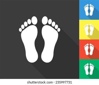 footprints icon - gray and colored (blue, yellow, red, green) vector illustration with long shadow
