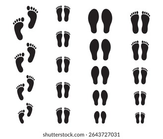Footprints icon set. Vector art. Human footprints on transparent background. Human traces, track, shoe, tracking, sole, shoeprints - stock vector and PNG.