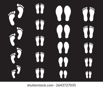 Footprints icon set. Vector art. Human footprints on transparent background. Human traces, track, shoe, tracking, sole, shoeprints - stock vector and PNG.