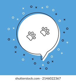 Icono de huellas en burbuja de voz blanca con elementos decorativos sobre un fondo azul. Anuncio gráfico moderno con símbolo de línea delgada. Ilustración del vector EPS 10