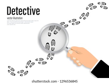 Footprints investigating. Hand holding magnifying glass above footprint flat illustration. Detective is investigating