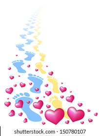 Footprints of a love pair, surrounded by hearts. Isolated vector on white background.