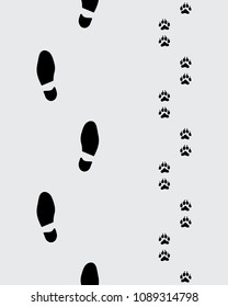 Footprints of man and dog on a gray background, Seamless illustration