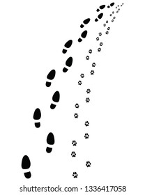 Footprints of man and dog, turn left or right