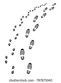 Footprints of man and dog, turn left, vector