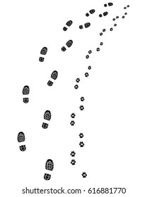 Footprints of man and dog, turn right, vector