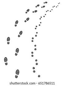 Footprints of man and dog, turn right, vector