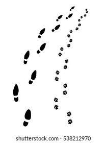 Footprints of man and dog, turn right,vector