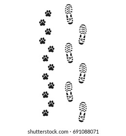 Footprints Of Man And Dog, Turn Right,vector, Prints Of Human Feet And Dog Paws   