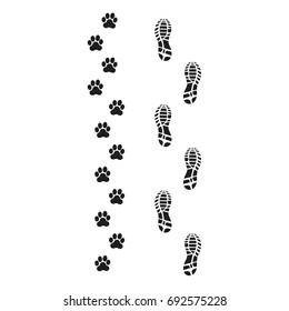 Footprints Of Man And Dog, Turn Right,vector, Prints Of Human Feet And Dog Paws