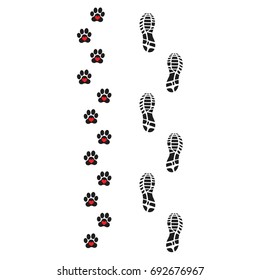 Footprints of man and dog, turn right,vector, prints of human feet and dog paws