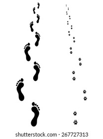 Footprints of man and dog, vector