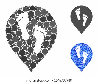 Footprints map marker composition of filled circles in variable sizes and color hues, based on footprints map marker icon. Vector filled circles are combined into blue collage.