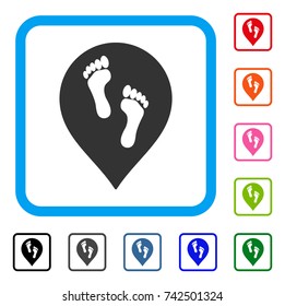 Footprints Map Marker icon. Flat gray iconic symbol inside a light blue rounded square. Black, gray, green, blue, red, orange color variants of Footprints Map Marker vector.