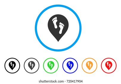 Footprints Map Marker rounded icon. Style is a flat footprints map marker grey symbol inside light blue circle with black, gray, green, blue, red, orange color versions.