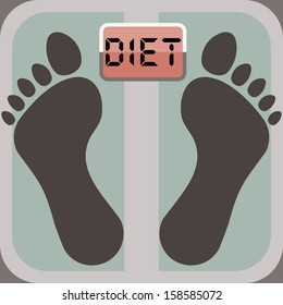 footprints on bathroom scale, scale display shows word diet