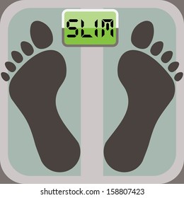 footprints on bathroom scale, scale display shows word slim