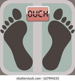 footprints on bathroom scale, scale display shows word ouch