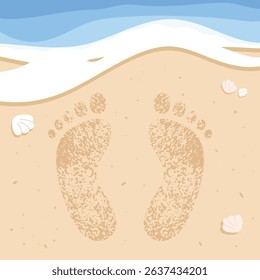 Footprints on the beach with sand and waves. Summer vacation concept. Vector illustration
