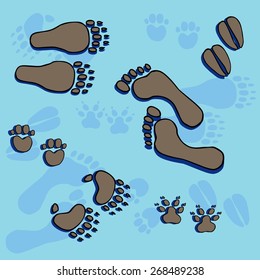 Footprints on blue background - vector illustration.