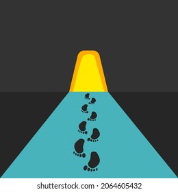 Footprints on the blue floor leading from the door. Vector illustration. Flat style
