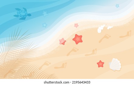 Footprints on sand beach, top view vector illustration. Cartoon tourists foot prints on sea or ocean coast with blue waves, turtle, starfish and palm leaf shadow background. Summer vacation concept