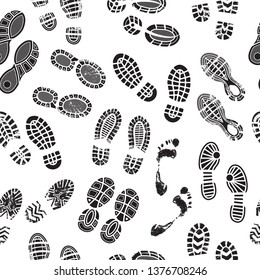 Footprints pattern. Male and female foots silhouettes human shoes walking seamless background vector textile design