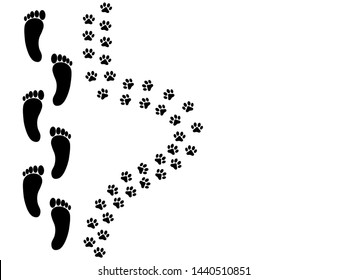 Footprints of people and dog paws walking together on a white background