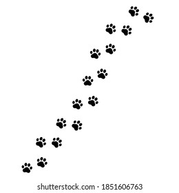 Footprints for pets, dog or cat. Pet prints. Paw pattern. Foot puppy. Black silhouette shape paw print. Footprint pet. Animal track. Trace dogs, cats. Cute background turn right. Design walks. Vector