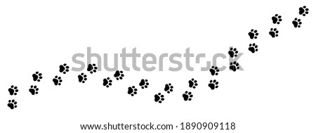 Footprints for pets, dog or cat. Pet prints. Paw pattern. Foot puppy. Black silhouette shape paw print. Footprint pet. Animal track. Trace dogs, cats. Cute background turn right. Design walks. Vector