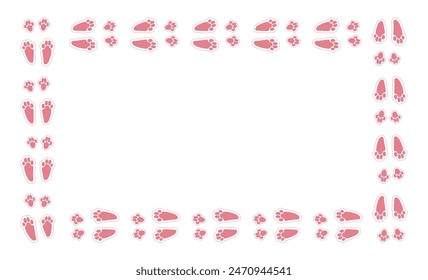 Footprints rabbit trace frame. Bunny path. Cute hare imprints, animal foot prints. Bunnies paws. Child Easter hunter. Fluffy pet pink prints for holiday design. Vector illustration