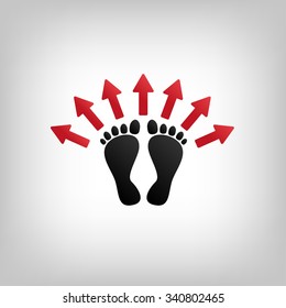 footprints and red arrows - direction of travel. Vector logo or icon, illustration object.