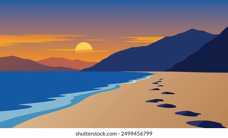 Footprints in the sand on the famous Turkish beach Patara. Colorful sunset in the Turkey, District of Kas, Antalya Province, Asia flat vector illustration