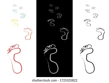 footprints in the sand in rainbow colors. Imitation of a drawing by paints. Good summer mood. Isolated vector on white background