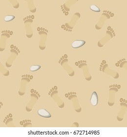 Footprints in the sand, vector seamless periodic background, white rocks.