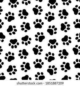 Footprints seamless pattern. Pet prints. Paw cute background for pets dog, cat. Foot puppy. Black shape pawprints. Footprint. Animal track. Trace dogs, cats. Pawprint. Design walk for print. Vector