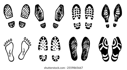 
Footprints set icon. Different human footprints. Imprint soles shoe silhouette. Adults steps Flat style collection. Foot print tread, boots, sneakers. Human footprints icon set.