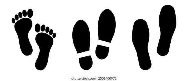 Fußabdrücke und Schuhabdrücke Silhouetten, Vektorgrafik einzeln auf weißem Hintergrund.