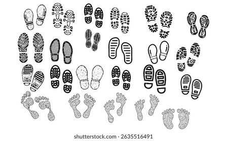 Footprints and Shoe Prints Vector Collection: Diverse Tread Patterns in Black and White for Creative Design and Illustration Projects, Perfect for Tracking and Path Concepts