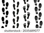 Footprints Shoe set. Collection of silhouette of human feet. Pattern with shoe print. Design element for printing on paper and on fabric. Cartoon flat vector illustrations isolated on white background