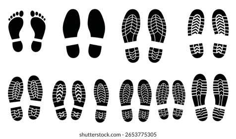 Footprints and shoe treads showing various walking patterns and shoe designs for exploration and movement studies