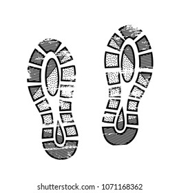 Footprints and shoeprints icon in black and white showing bare feet and the imprint of the soles with patterns of male and female footwear. Shoes boots imprint