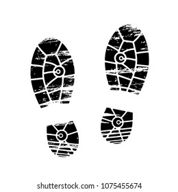 Footprints and shoeprints icon in black and white showing bare feet and the imprint of the soles with patterns of male and female footwear. Shoes boots imprint