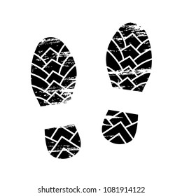 Footprints and shoeprints icon in black and white showing bare feet and the imprint of the soles with patterns of male and female footwear. Shoes boots imprint