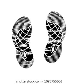 Footprints and shoeprints icon in black and white showing bare feet and the imprint of the soles with patterns of male and female footwear. Shoes boots imprint