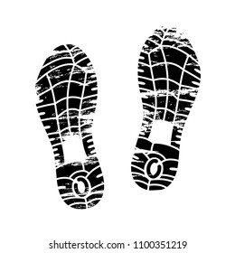 Footprints and shoeprints icon in black and white showing bare feet and the imprint of the soles with patterns of male and female footwear. Shoes boots imprint