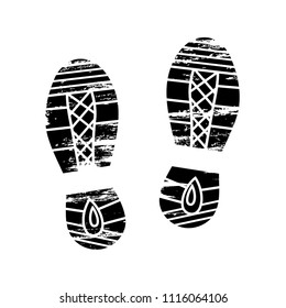 Footprints and shoeprints icon in black and white showing bare feet and the imprint of the soles with patterns of male and female footwear. Shoes boots imprint