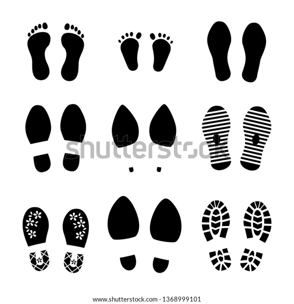 足跡 靴 と足 人間の足 赤ちゃんの子ども 大人の足音 人々のおかしな足音は シンボルを印刷します ベクターの異なる機器シンボルセット のベクター画像素材 ロイヤリティ フリー