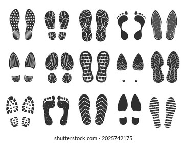 Footprints Silhouette, Footsteps, Boot Sneaker Shoe Print. Human Barefoot Imprint, Dirty Shoes Sole Prints, Footprint Steps. Vector Set. Different Black Marks, Pair Of Shoes Walking