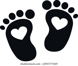 Footprints silhouettes of children's feet. Hearts inside footprints.